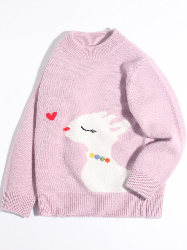 Deer and Heart Knit Soft Pink Cashmere Pullover Sweater for Girl